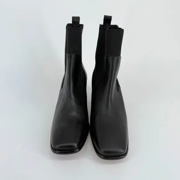 Patina Black Leather Ankle Boots Handmade Mexico Size 8 Square Toe Block Heel 90 - Picture 3 of 9